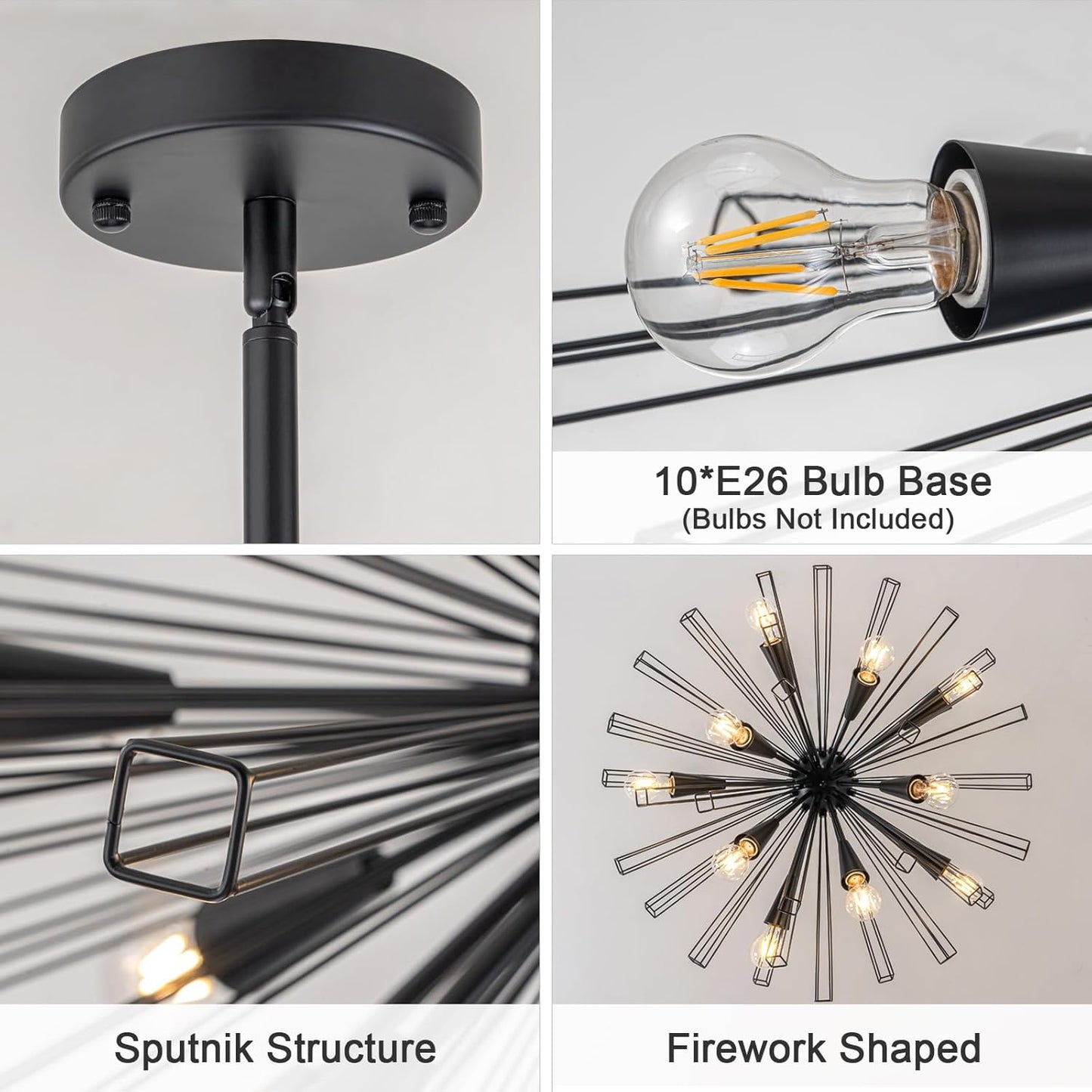 10-Light Black Sputnik Chandeliers, Modern Starburst Chandelier | 33" Farmhouse Dining Room Light Fixture, Large Pendant Light Fixture for Living Room Bedroom Kitchen, Adjustable Height, E26