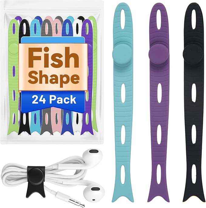 SOLIDATOR 24-Pack Reusable Fish-Shape Silicone Cable Ties – 8 Colors, 4.7” by SOLIDATOR