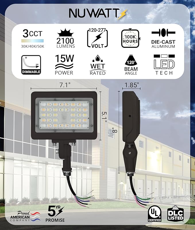 NUWATT 15W LED Flood Light, 3CCT 3000K/4000K/5000K Selectable, IP65 Waterproof - Image 2