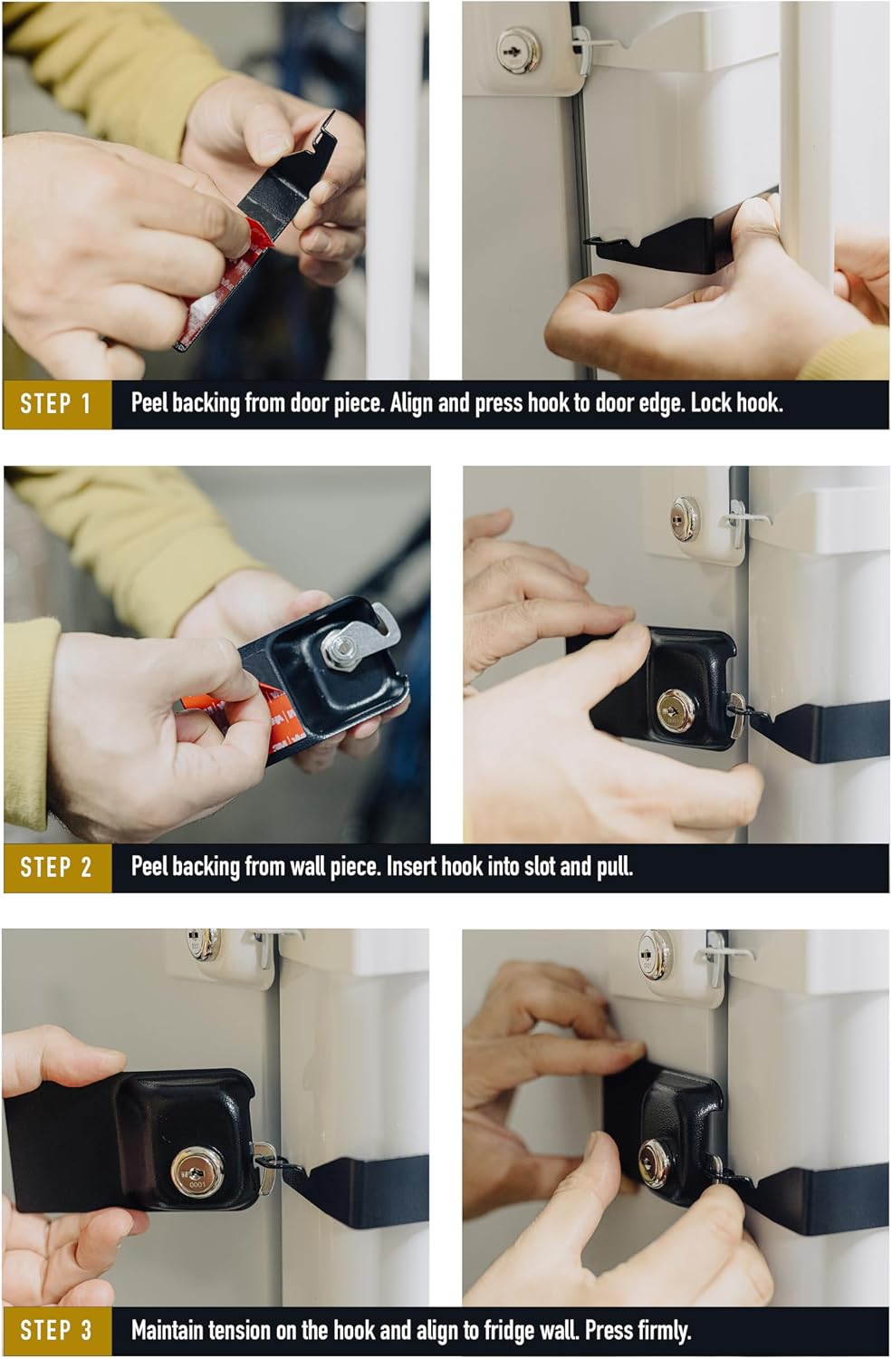 Child Proof Fridge Lock with Keys | 100% Metal, No Drill | Baby Proof Refrigerator Lock for Toddlers | 400 lbf (1 Pack, Black)