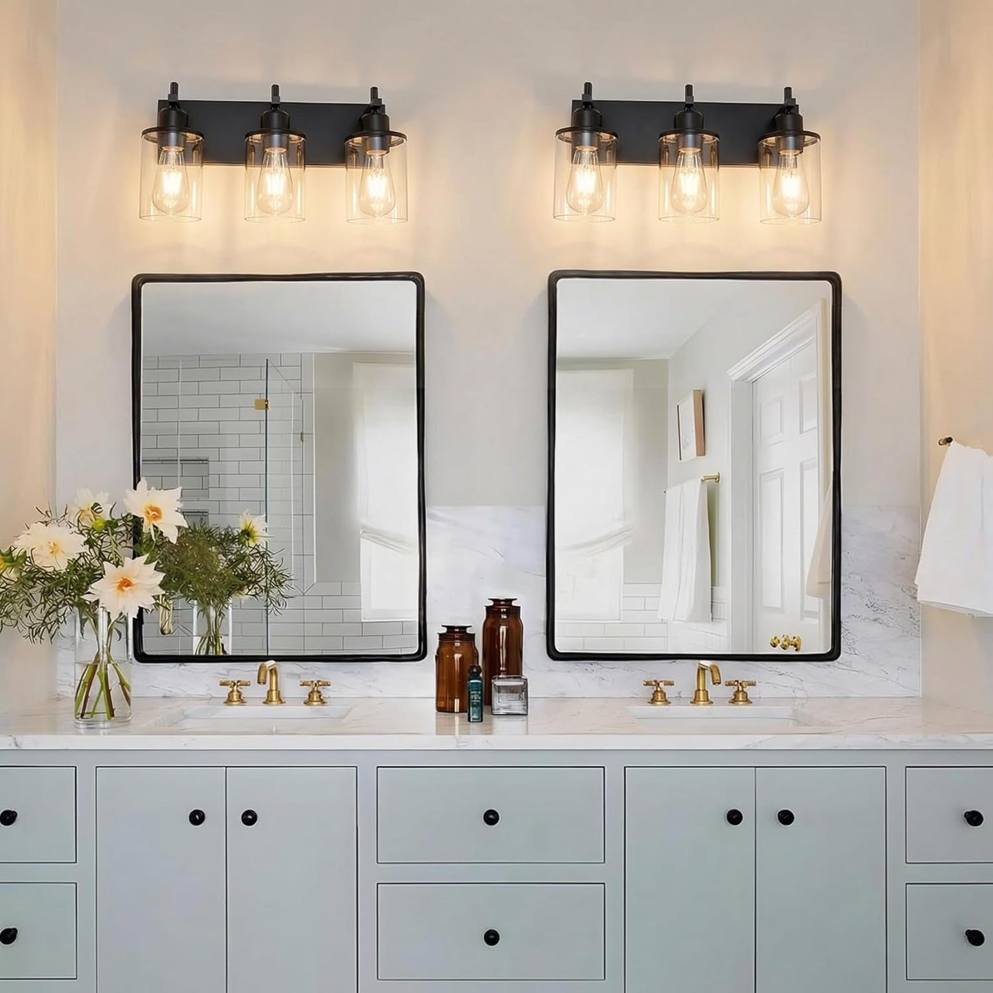 Lanhall 3-Light Black Bathroom Light Fixture Over Mirror Modern Farmhouse Bathroom Vanity Light Vintage Wall Lighting with Clear Glass Shade for Bathroom, Bedroom, Hallway, Cabinet