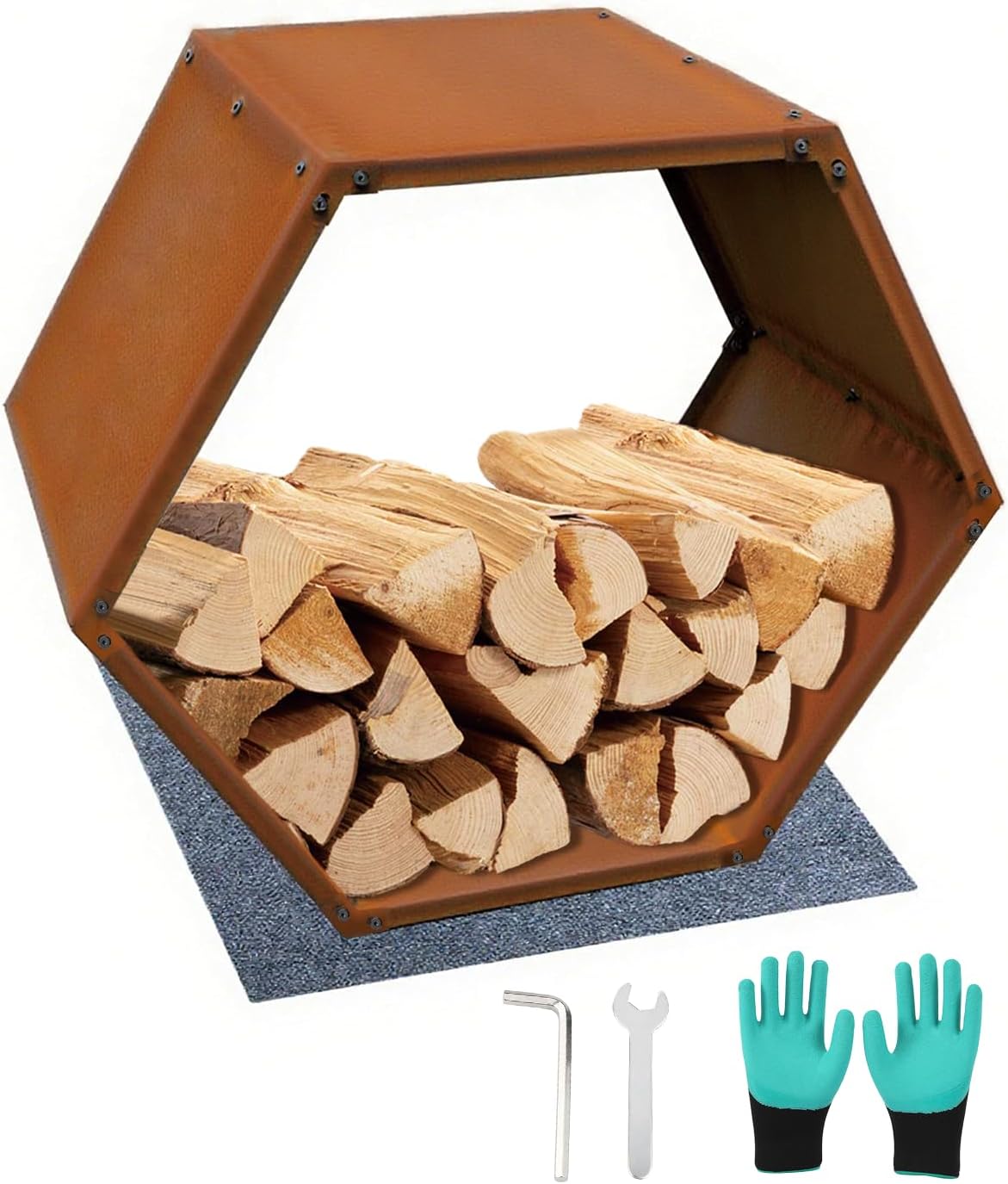 firewood rack outdoor, corten steel hexagon firewood holder, main product view