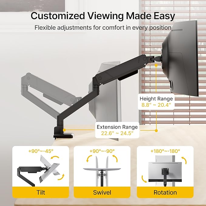 monTEK Single Monitor Arm for Max 45 Inch Ultrawide Screens Adjustable Monitor - Image 2