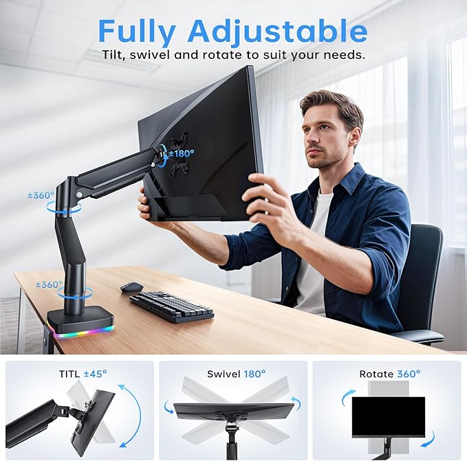 RGB Single Monitor Stand, Gas Spring Monitor Arm - Image 6