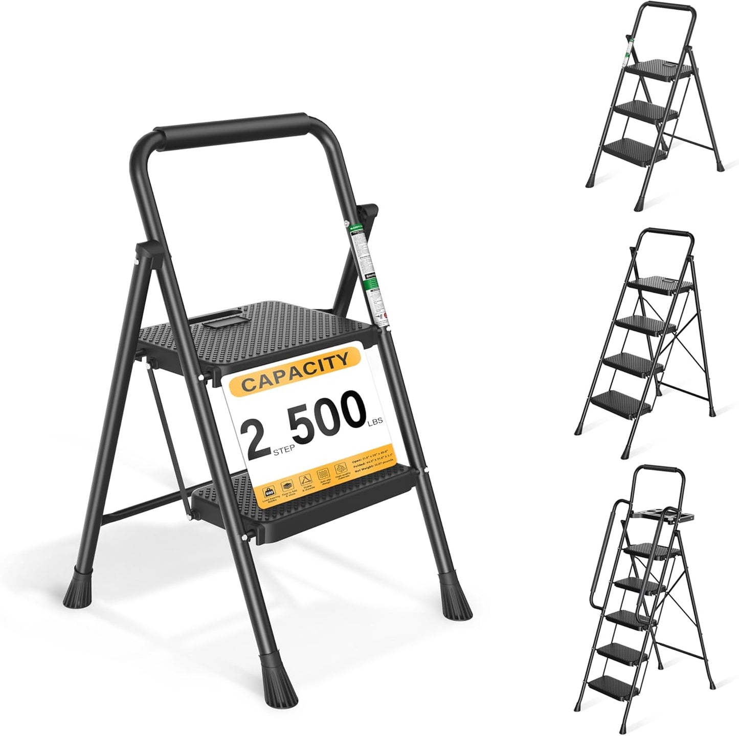 Step Ladder, Portable Steel Folding Step Stool with Wide Anti-Slip Pedal & Convenient Handgrip, 500lbs Sturdy Steel Ladder, 2-Step, Black