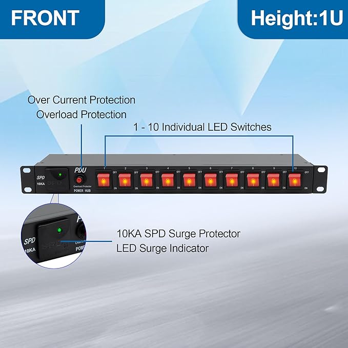 ThePoEstore 10 Outlets 1U Horizontal PDU Network Rackmount Power Strip - Image 2