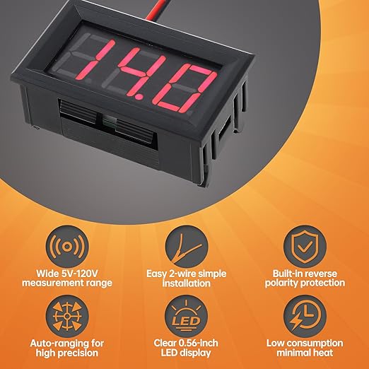 DiGiYes 5 Pack DC 5-120V Digital Mini Voltmeter 2 Wire 0.56 inch LED Display - Image 3
