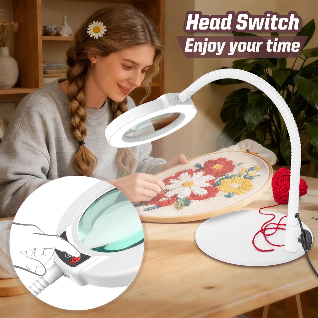10X Magnifying Glass with Light and Stand, 16.5in Flexible Goose-Neck, 5 Color Modes Stepless Dimmable LED Lighted Desk Lamp, Hands Free Magnifier for Crafting Hobby Painting Close Work - White