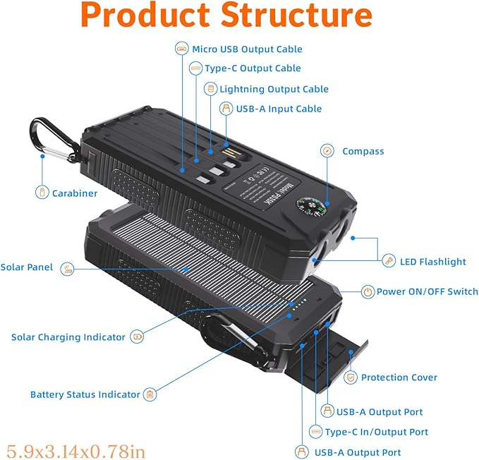 Power Bank Solar Charger 20, Portable Phone Charger, 4 Cables Outdoor - Image 9