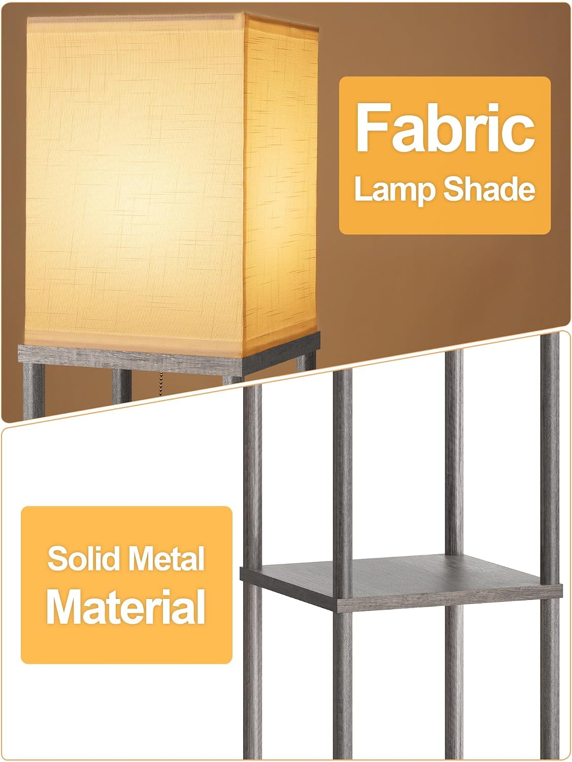 Floor Lamp with Shelves for Living Room 2 Pack Oak Gray, Shelf Floor Lamp with 3 CCT LED Bulb, Corner Display Standing Column Lamp Etagere Organizer Tower Nightstand with White Linen Shade for Bedroom