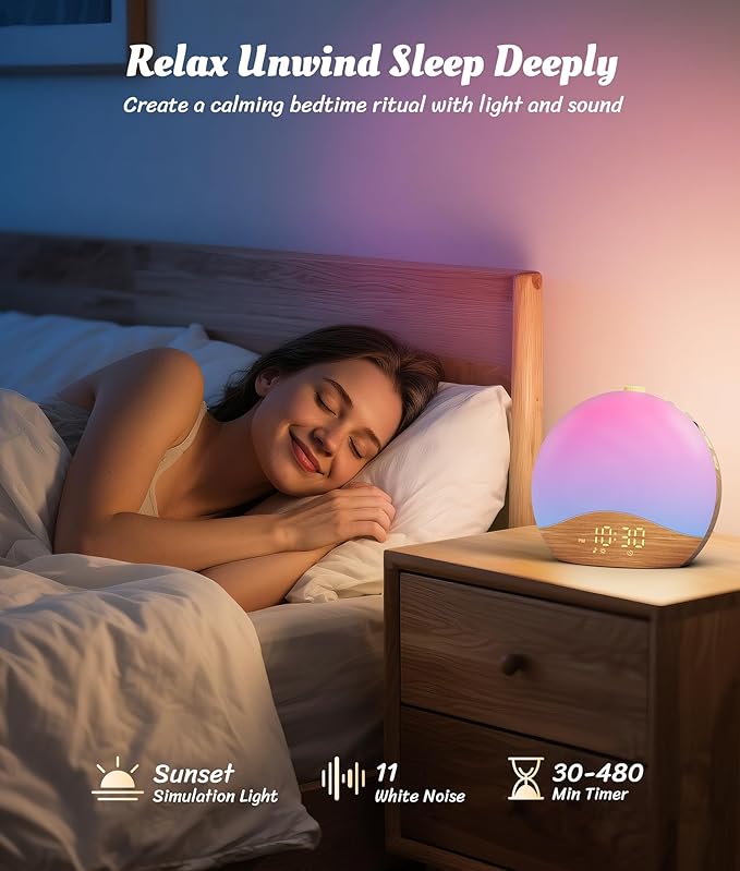 ecozy Wood Grain Sunrise Alarm Clock, Music-Sync Lights, Upgraded Backlit - Image 4