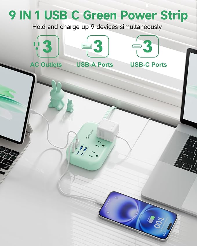 6 USB Green Travel Power Strip- 5Ft Green Extension Cord - Image 3