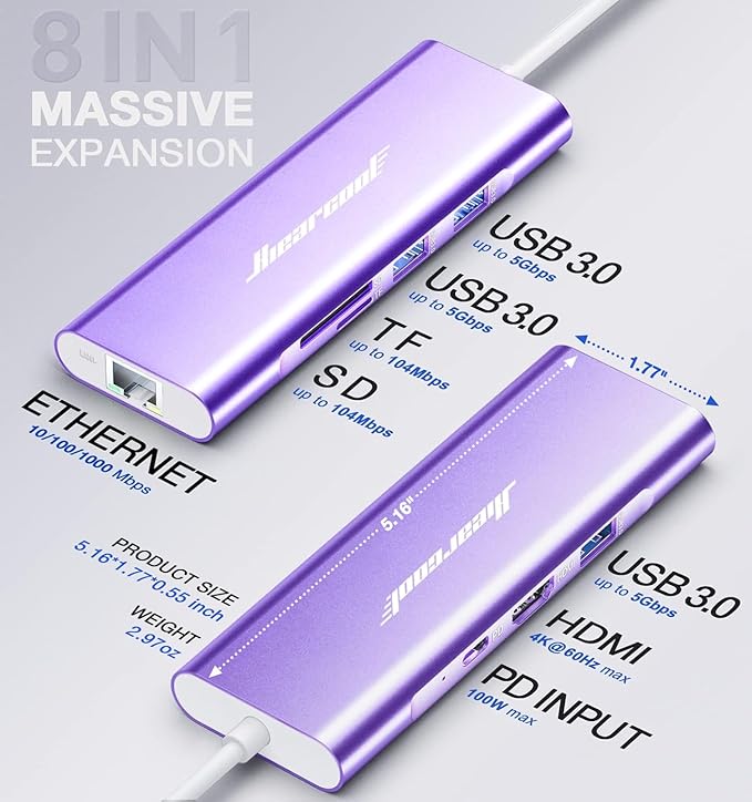 Hiearcool USB C Hub, USB-C Ethernet Dongle 4K@60Hz HDMI Multi-Port Adapter - Image 5