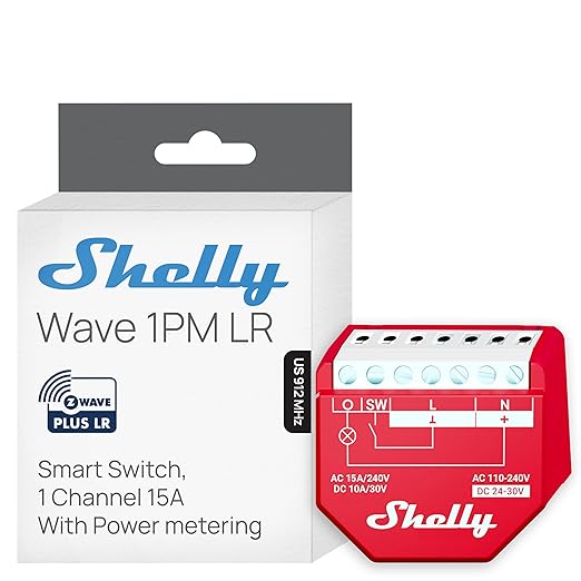 Shelly Wave 1PM US LR UL | Z-Wave Long Range Smart Switch Relay, 1-Channel 15 A by Shelly