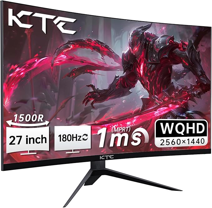 KTC 27 inch WQHD 180Hz 1ms Curved Gaming Monitor 1440P 144Hz Monitor 132% sRGB by KTC