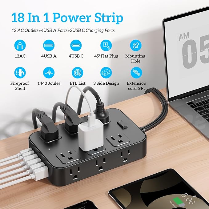 Solidock Flat Plug Power Strip Surge Protector 5 Ft Extension Cord - Image 2