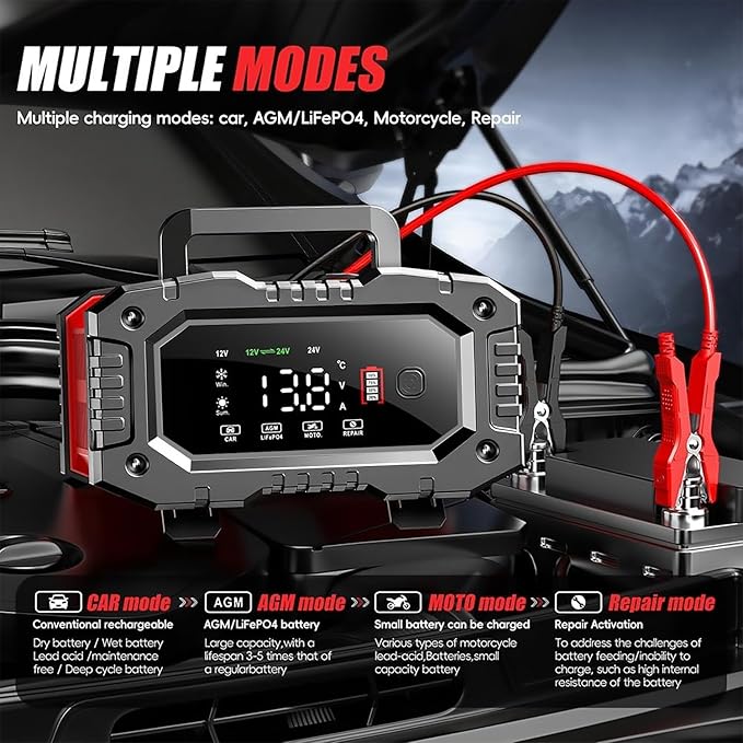 Car Battery Charger 20Amp, 12V 24V LiFePO4 Lead Acid Automatic Smart Battery - Image 4