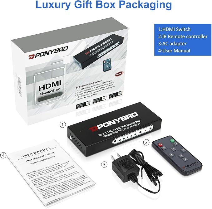 PONYBRO HDMI 2.0 Switch 5 Port 4K@60Hz Auto-Switching – 5 in 1 Out - Image 7