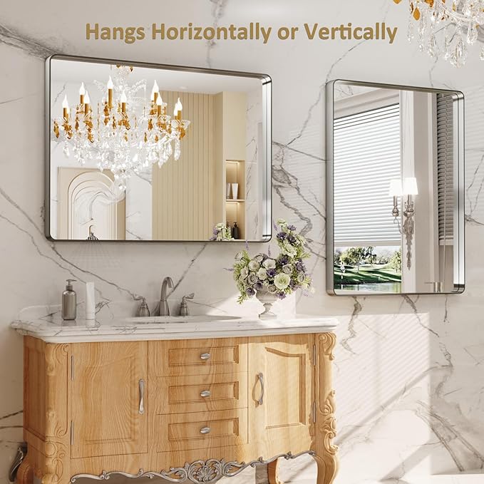 LOAAO 40X32 Inch Brushed Nickel Bathroom Mirror, Rounded Rectangle Silver Metal - Image 4