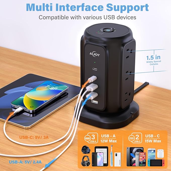 AiJoy Power Strip Tower with 9 AC Outlets and 5 USB Ports, Flat Plug 1625W - Image 4