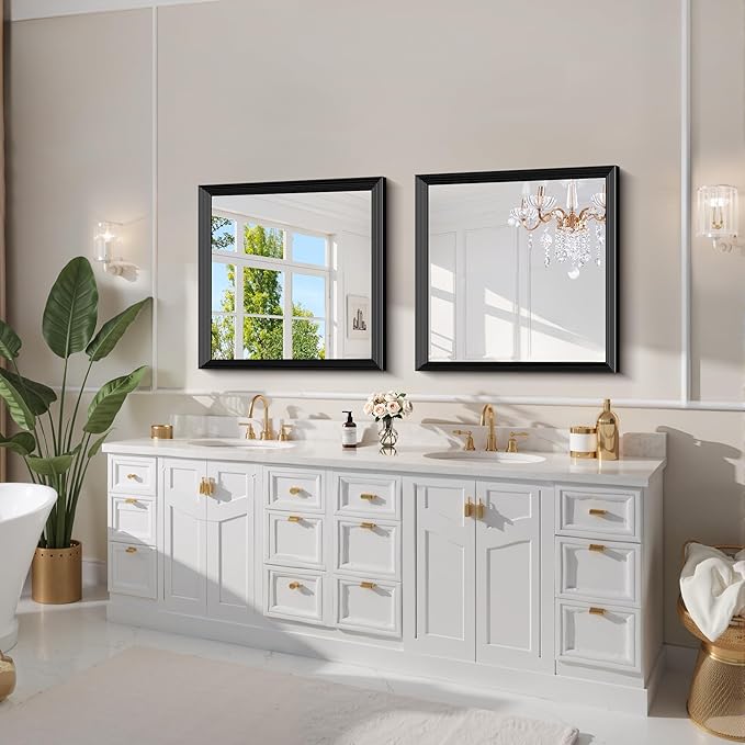 Black Bathroom Mirror 30 x 30 Inch Rectangle Wave Beveled - Image 7
