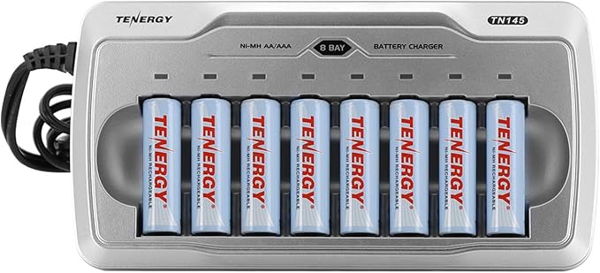Tenergy TN145 8 Bay Charger and 8 Pack Rechargeable AA Batteries, Independent by Tenergy