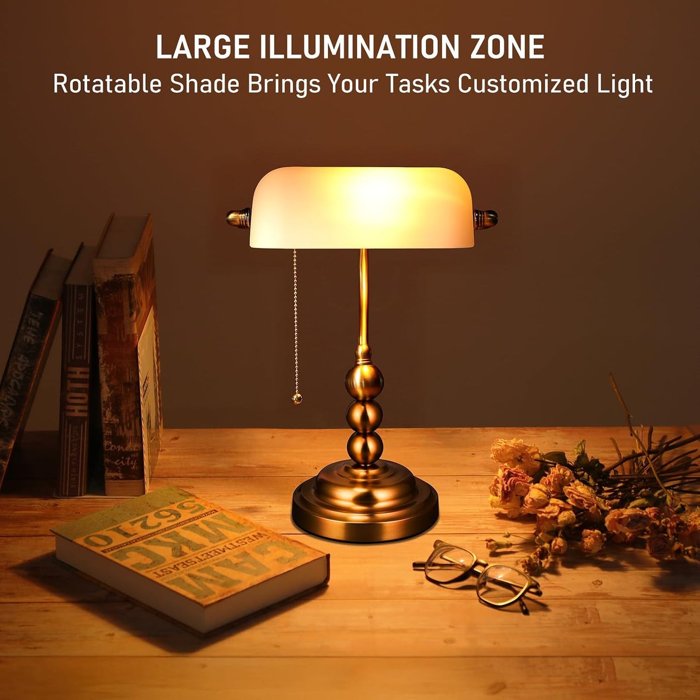 TORCHSTAR Ivory White Glass Bankers Desk Lamp with Pull Chain, E26 Base | Retro Weighted Base, Antique Traditional Library Lamp for Office Study Room, Bulbs not Included
