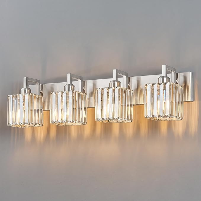 FDPBY Modern Bathroom Vanity Light 4-Lights Brushed Nickel Vanity Light Crystal by FDPBY