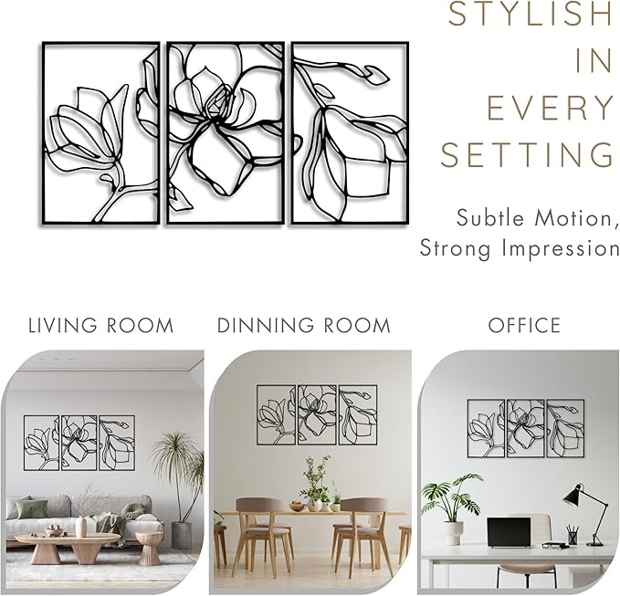 Wita Home Poppy Flower Metal Wall Art, 3-Panel Botanical Line Design, Modern - Image 3