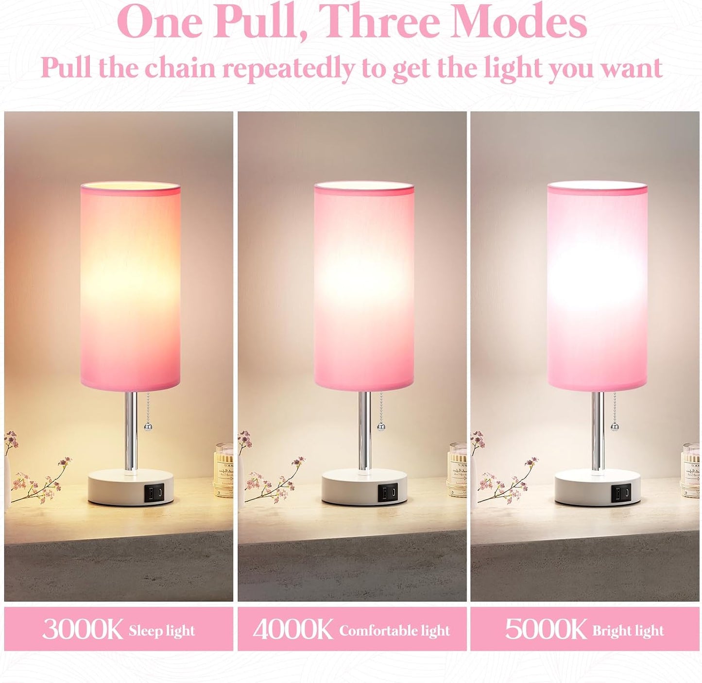 Dicoool Pink Bedside Table Lamp for Girls Bedroom - USB A+C Charging Ports | 3 Color Temperatures, Bulb Included, Pink Fabric Shade, White Metal Base, Cute Pink Room Decor, 14" Desk Lamp for Kids Dorm