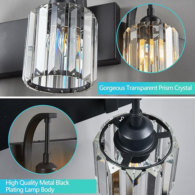 FDPBY Bathroom Crystal Vanity Lights 2-Light Black Wall Lamp Modern Crystal - Image 6