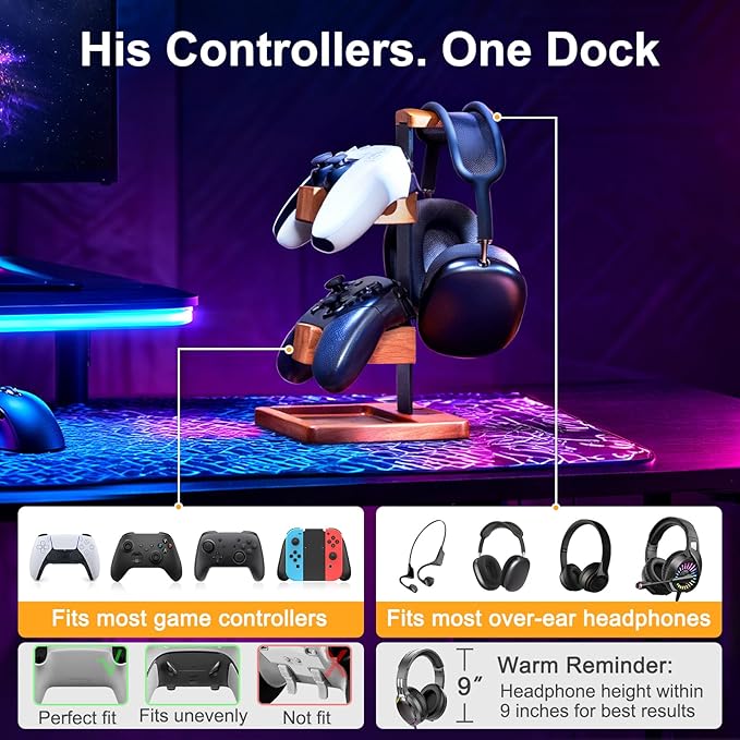 HUMANCOZY Solid Wood Controller Holder and Headphone Stand, Gaming Controller - Image 4