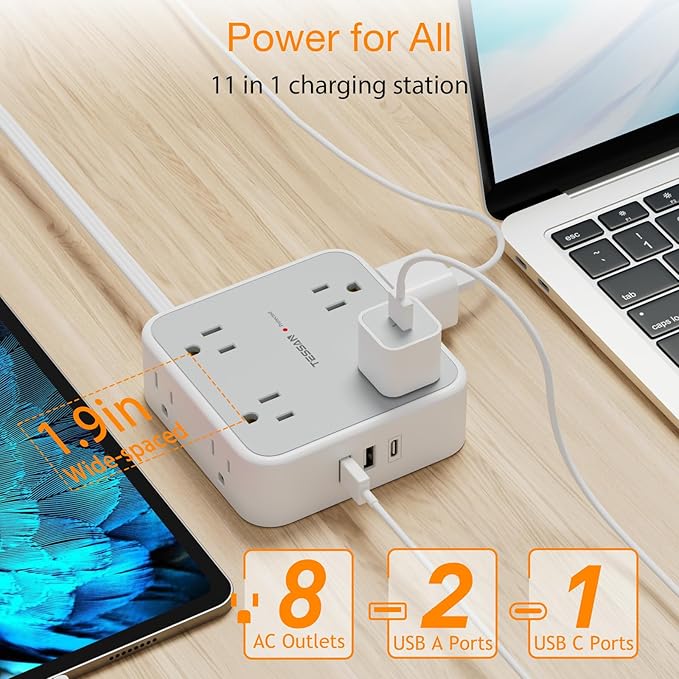 Flat Plug 20 FT Long Extension Cord, TESSAN Ultra Thin Power Strip Surge - Image 4