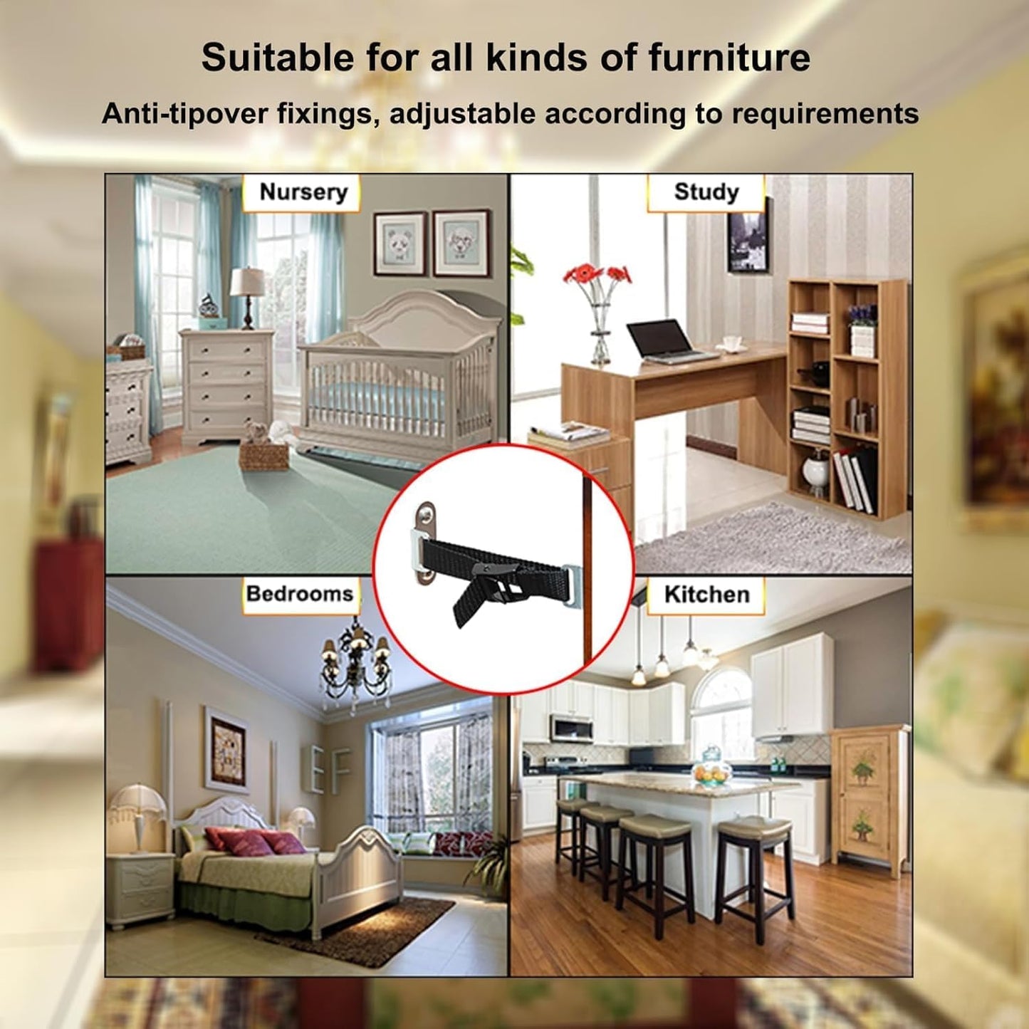 Furniture Anchors (2 Sets) for Baby Proofing,Anti Tip Furniture Anchors,Furniture Wall Anchor,Adjustable Furniture Straps,Wall Anchors for Furniture Securing for Baby&Pet Safety