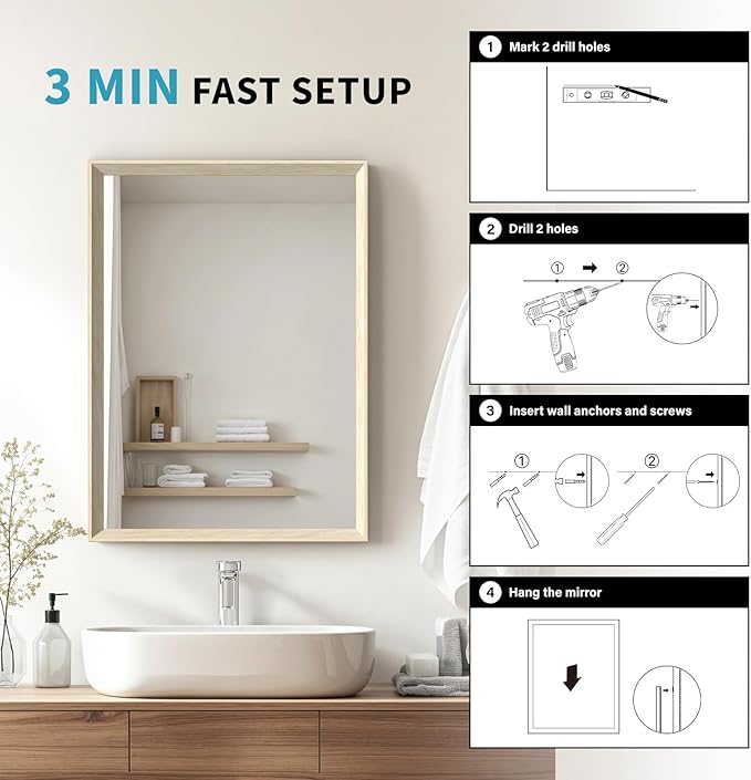 Oak Wood Effect Framed Wall Mirror, 36x36 Rectangle Mirror, Anti-desilvering - Image 6