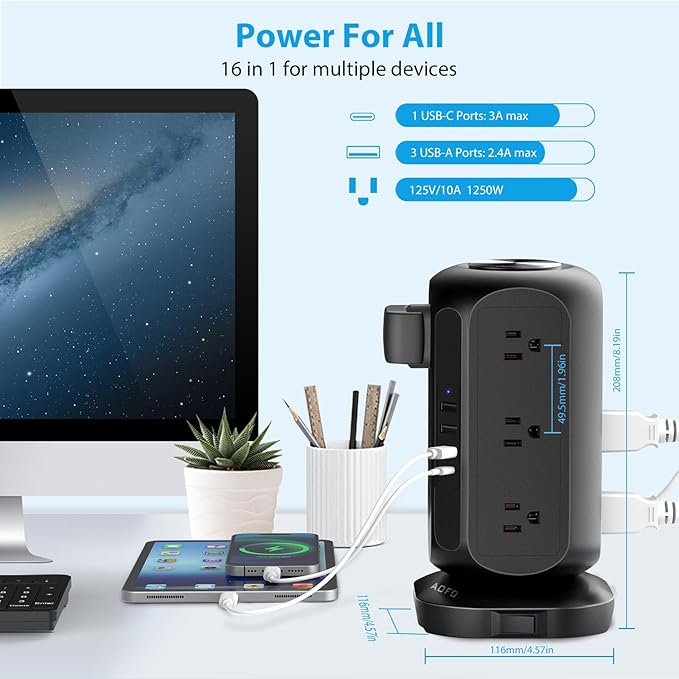 Power Strip Tower AOFO Surge Protector 12 AC Outlets - Image 3