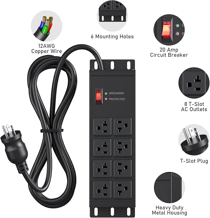 JUNNUJ Heavy Duty 20 Amp Surge Protector 4800J, Garage Metal 8 Outlets 12 Gauge - Image 2