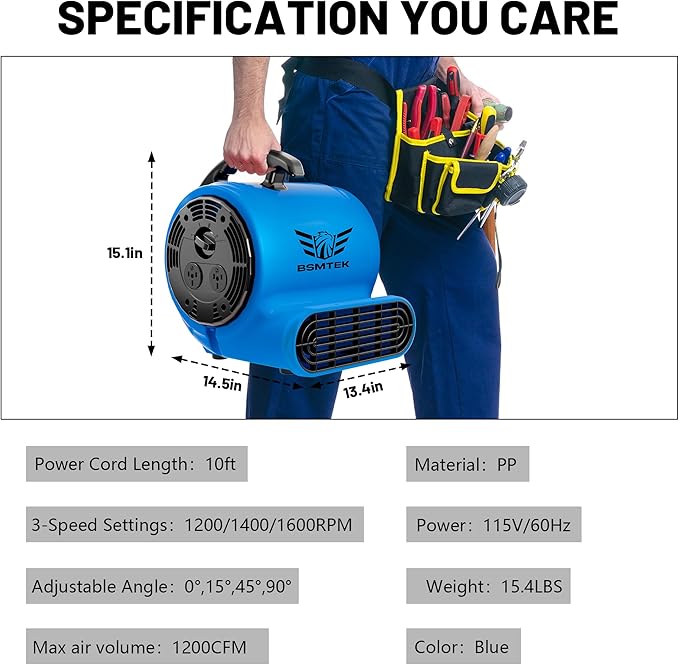 BSMTEK Air Mover Blower Fan, Industrial 1/3HP 1200CFM Monster Floor Blower - Image 2