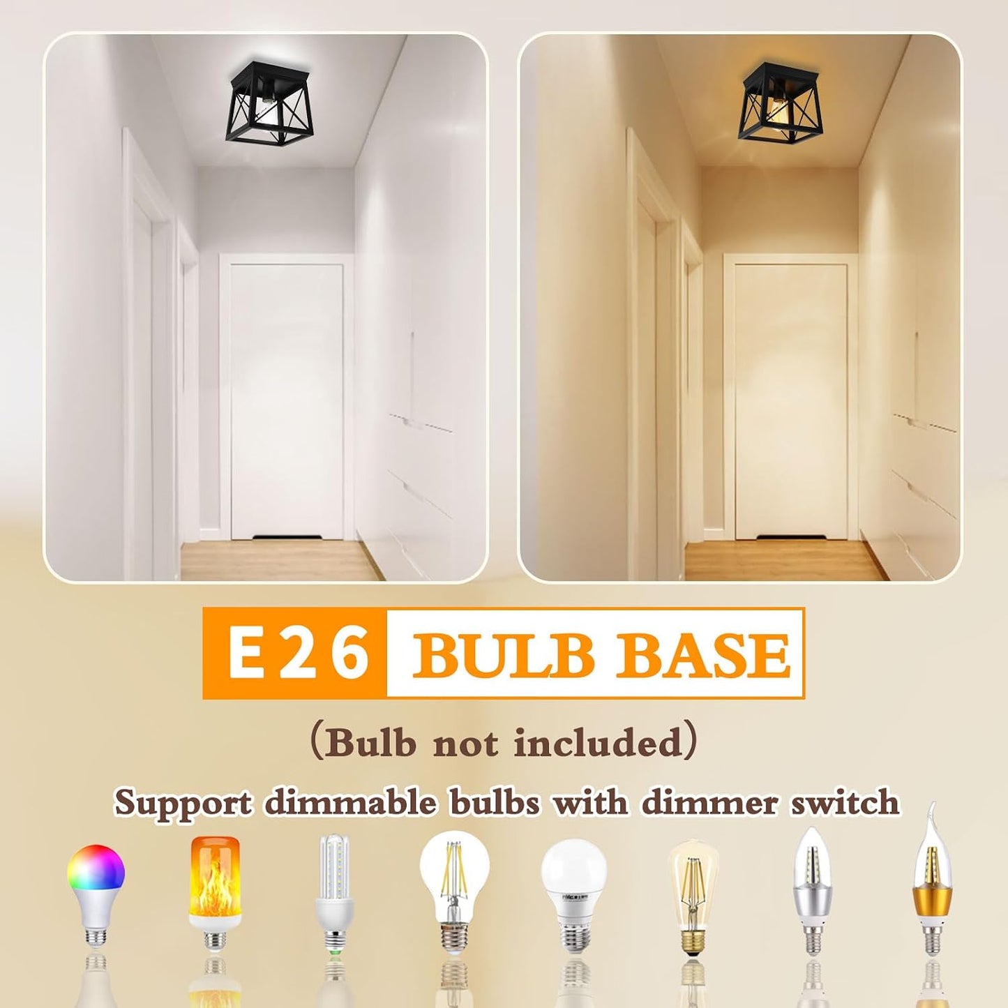 1 Light Black Industrial Flush Mount Ceiling Light Fixture - Square Farmhouse Caged Ceiling Light for Closet Kitchen Hallway Porch, E26, Dimmable