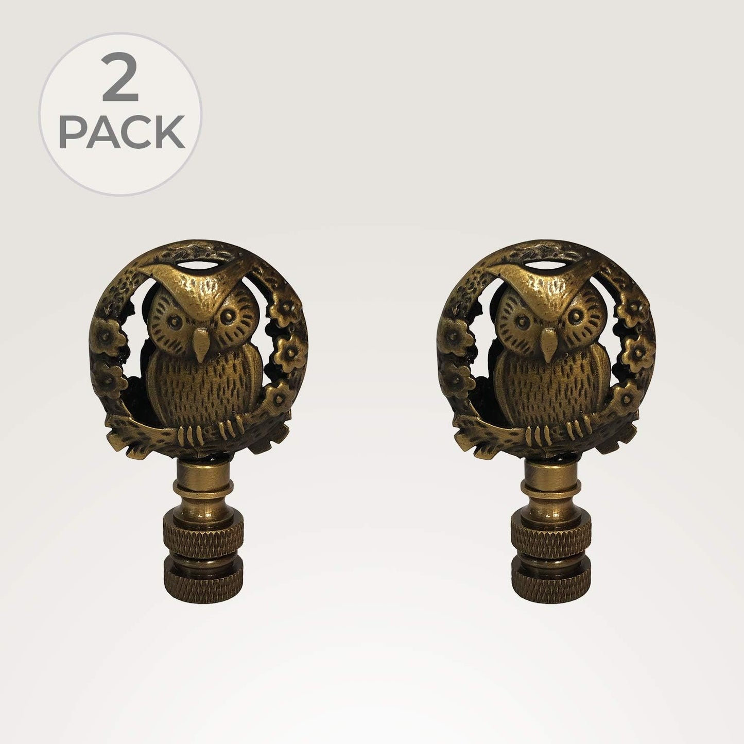 Royal Designs Decorative Botanical Owl Lamp Finial for Lamp Shade, Antique Brass - Pack of 2
