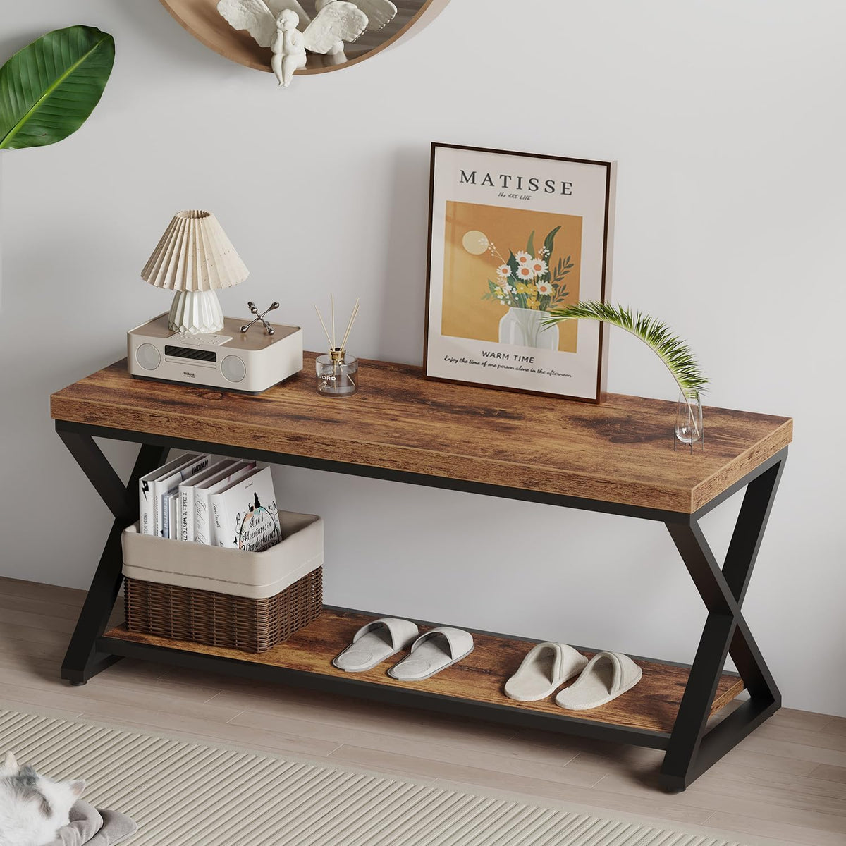 ibf rustic entryway bench with storage, rustic brown shown in use