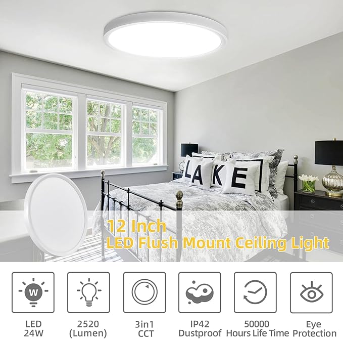 RLEDPZTX 4PK 12 Inch LED Flush Mount Ceiling Light, 3000K/4000K/6000K CCT - Image 4