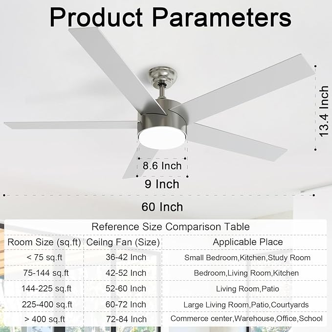 POCHFAN 60 Inch Brushed Nickel Ceiling Fans - Image 4