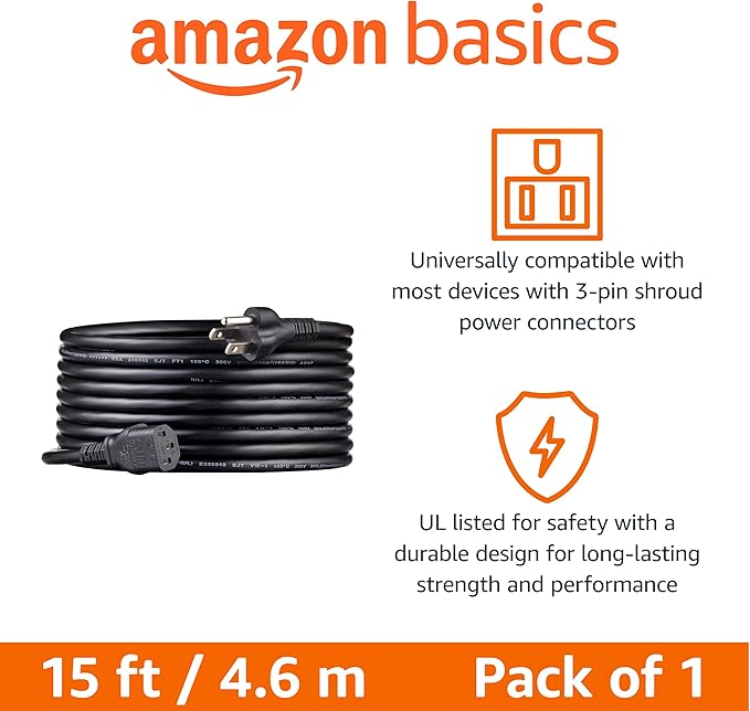 Amazon Basics PC Power Cord, 15 feet, AC Power Cord - Image 2
