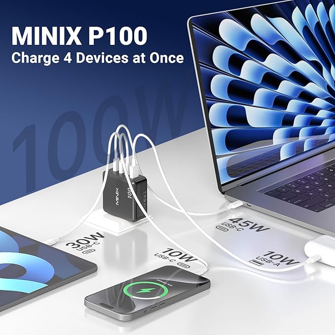 MINIX 100W USB C Charger, 4-Port Fast GaN Charger, Compact Foldable Wall Charger - Image 2