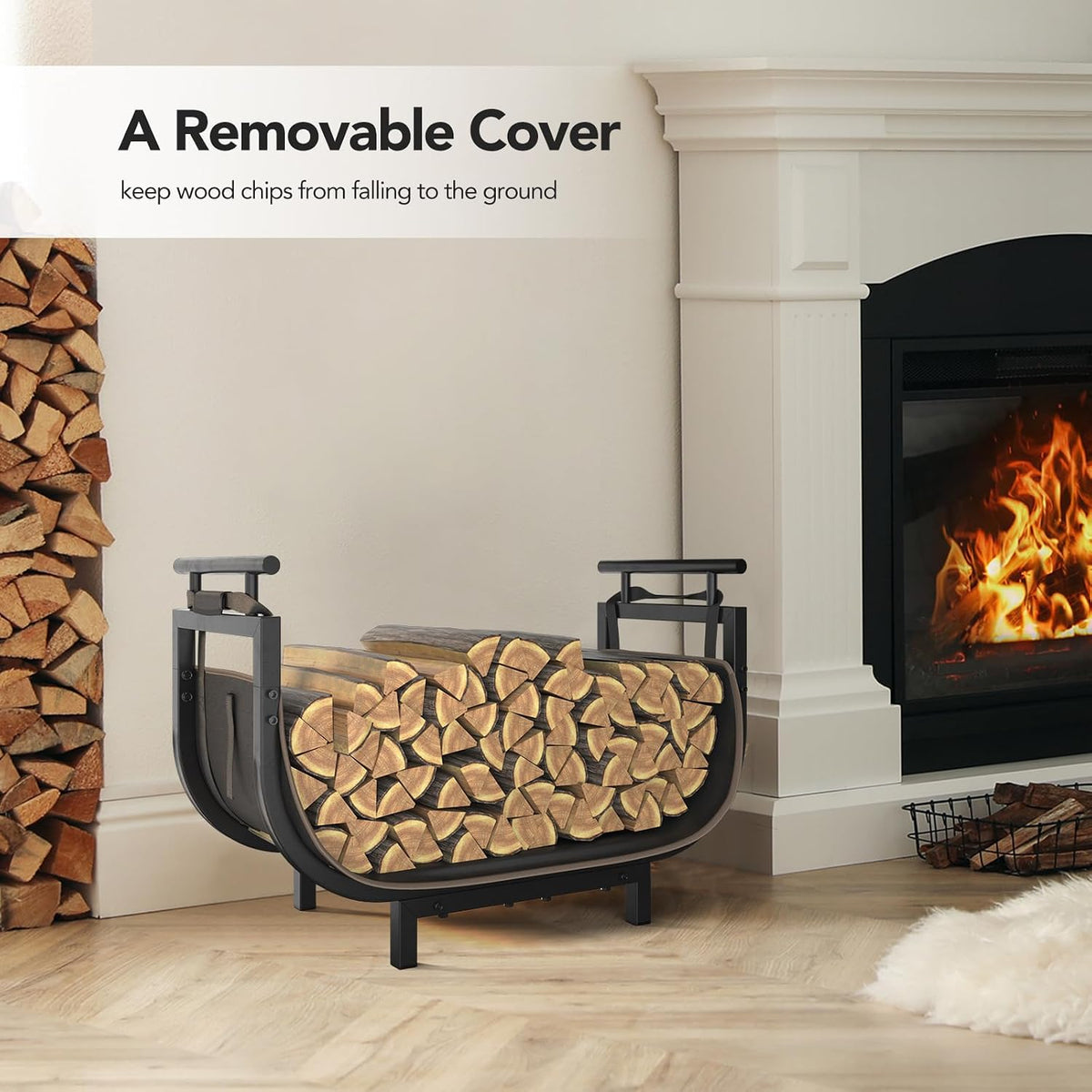 30” outdoor firewood rack with carrier bag & shown in use