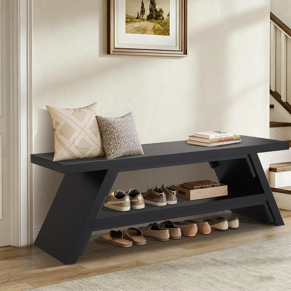 2-tier shoe storage bench, 55" large solid wood, main product view