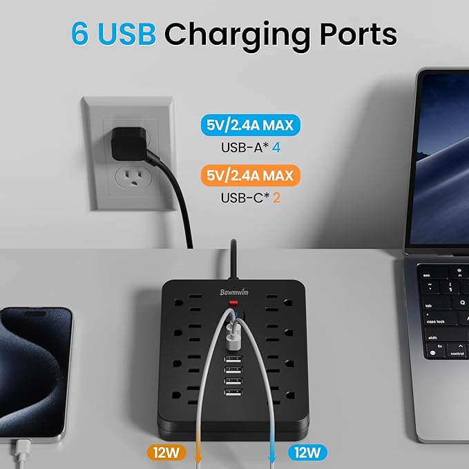 Bawmwim Surge Protector Power Strip, 8 Outlets, 6 USB Charging Ports, 10FT Flat - Image 4