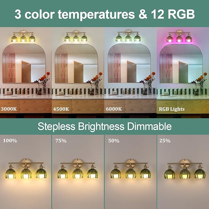 Shenmoyl Battery Operated Bathroom Light Fixtures, 3-Light Brass Vanity Wall - Image 4