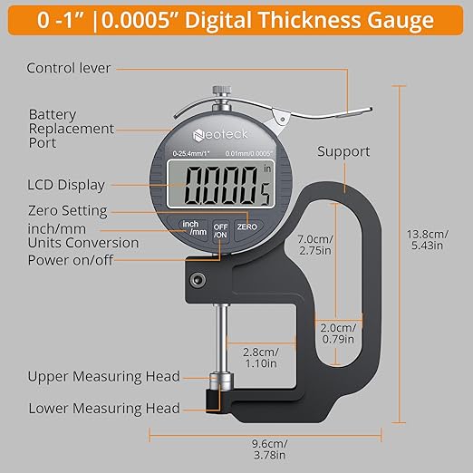Neoteck Digital Thickness Gauge 1inch/25.4mm, 0.0005inch/0.01mm LCD Display - Image 6